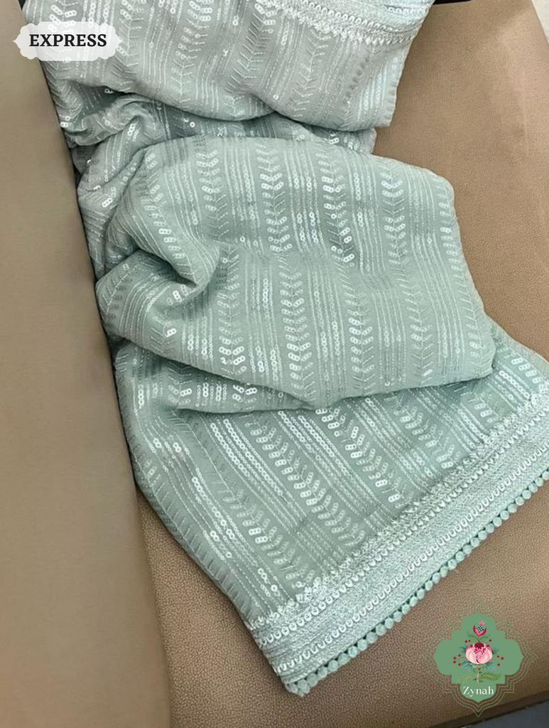 Green Ombre Georgette Saree With All Over Sequins Work