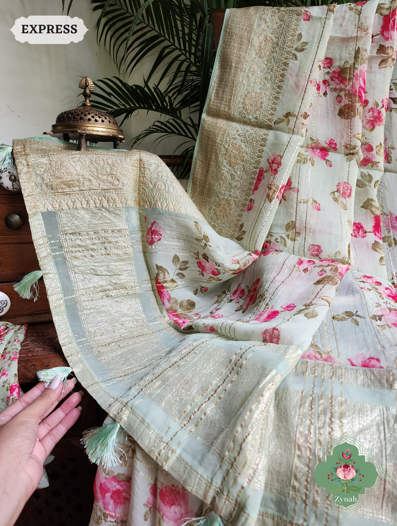 Zynah Pista Green Organza Satin Silk Saree With Zari Border & Zari Stripes & English Garden Print Print; Custom Stitched/Ready-made Blouse, Fall, Petticoat; SKU: 2306202303
