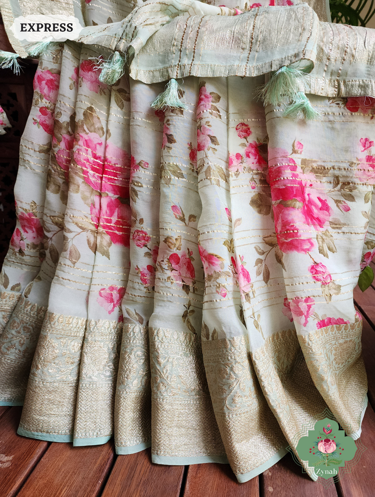 Zynah Pista Green Organza Satin Silk Saree With Zari Border & Zari Stripes & English Garden Print Print; Custom Stitched/Ready-made Blouse, Fall, Petticoat; SKU: 2306202303