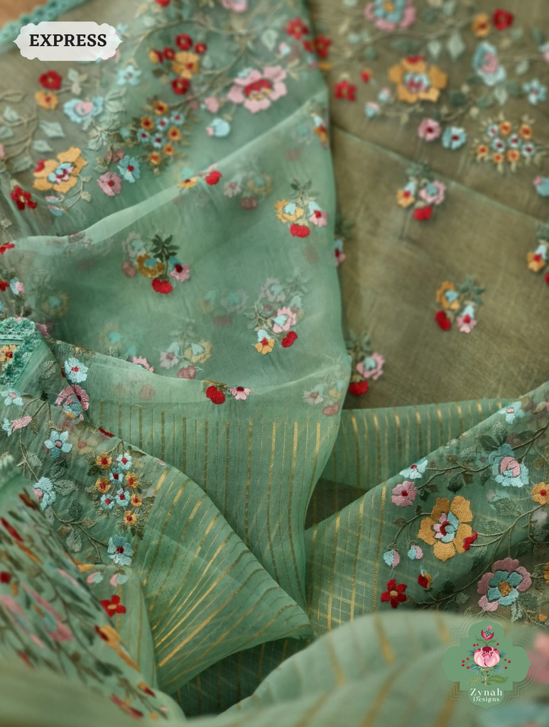 Green Organza Silk Saree 4