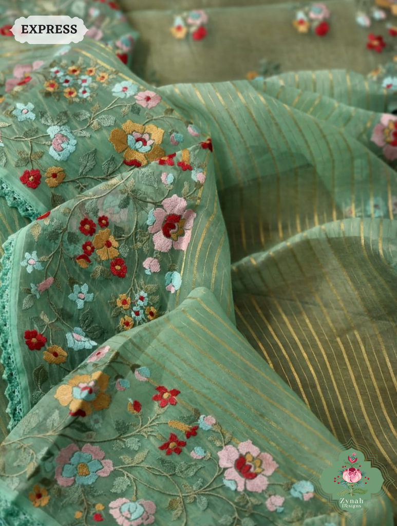 Green Organza Silk Saree 5