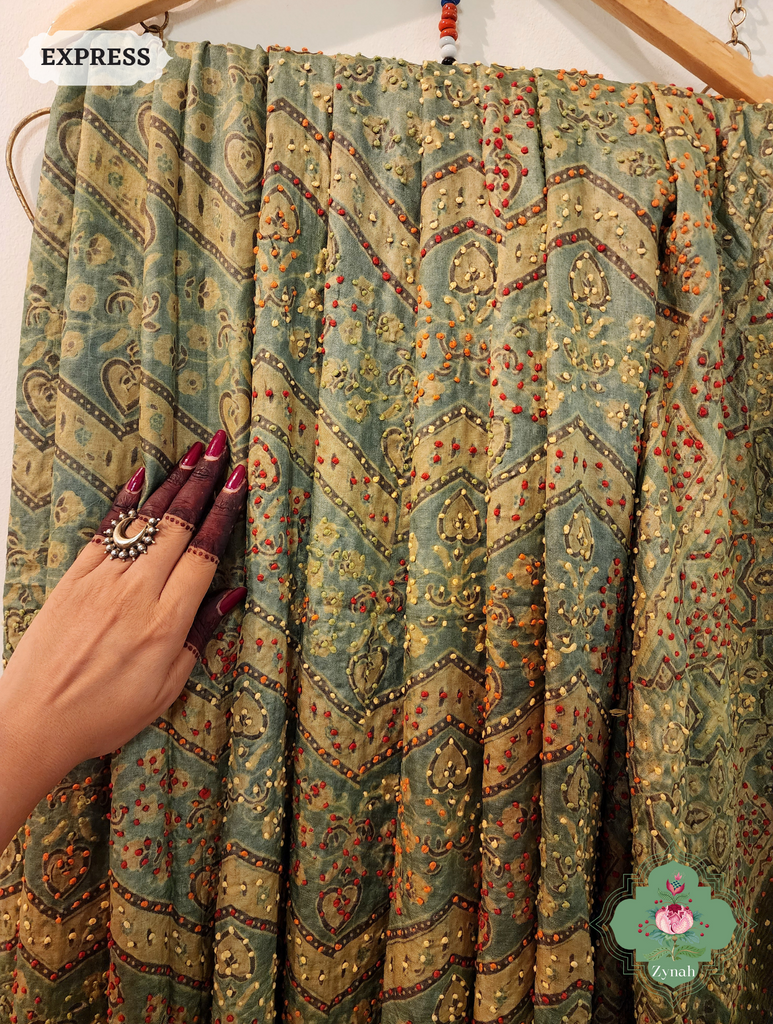 Green Ajrakh Pure Tussar Silk Saree, 100% Natural Dyed & Embroidery hightlights