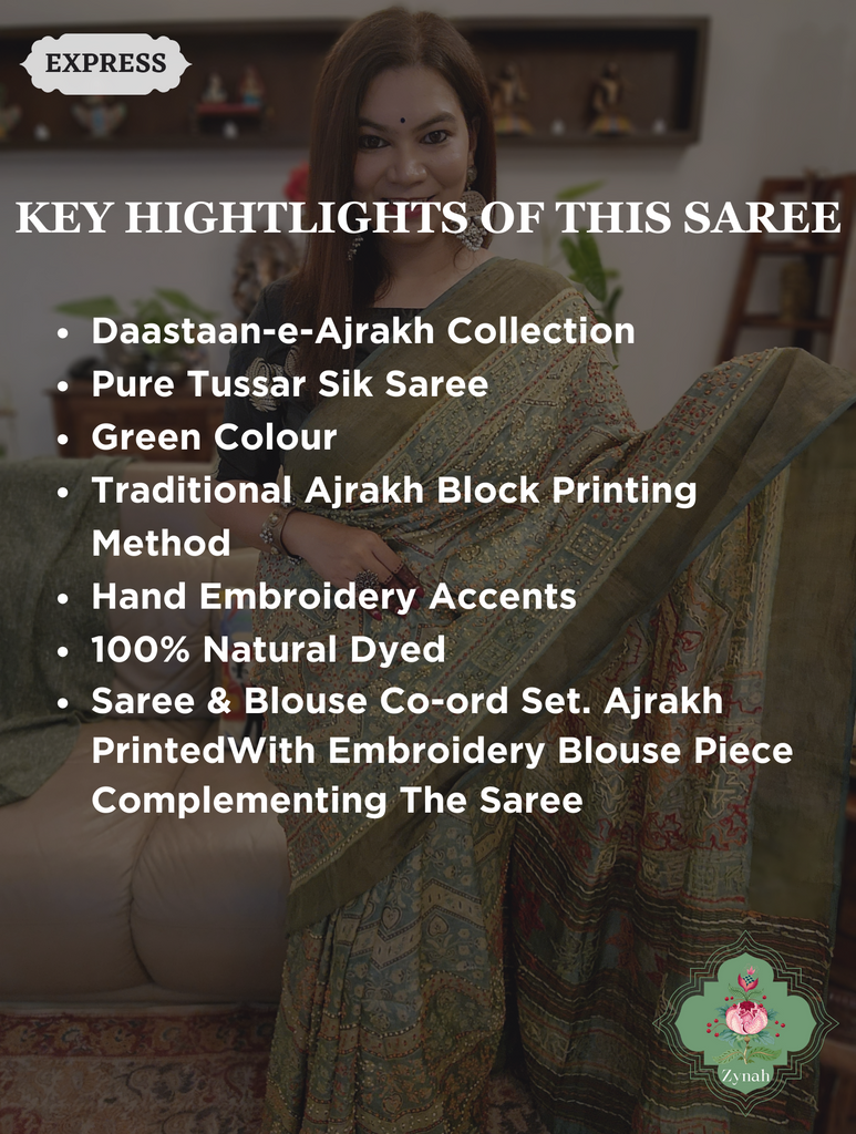 Green Ajrakh Pure Tussar Silk Saree, 100% Natural Dyed & Embroidery hightlights