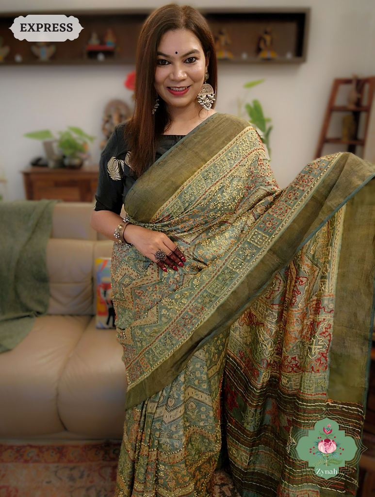 Green Ajrakh Pure Tussar Silk Saree, 100% Natural Dyed & Embroidery hightlights