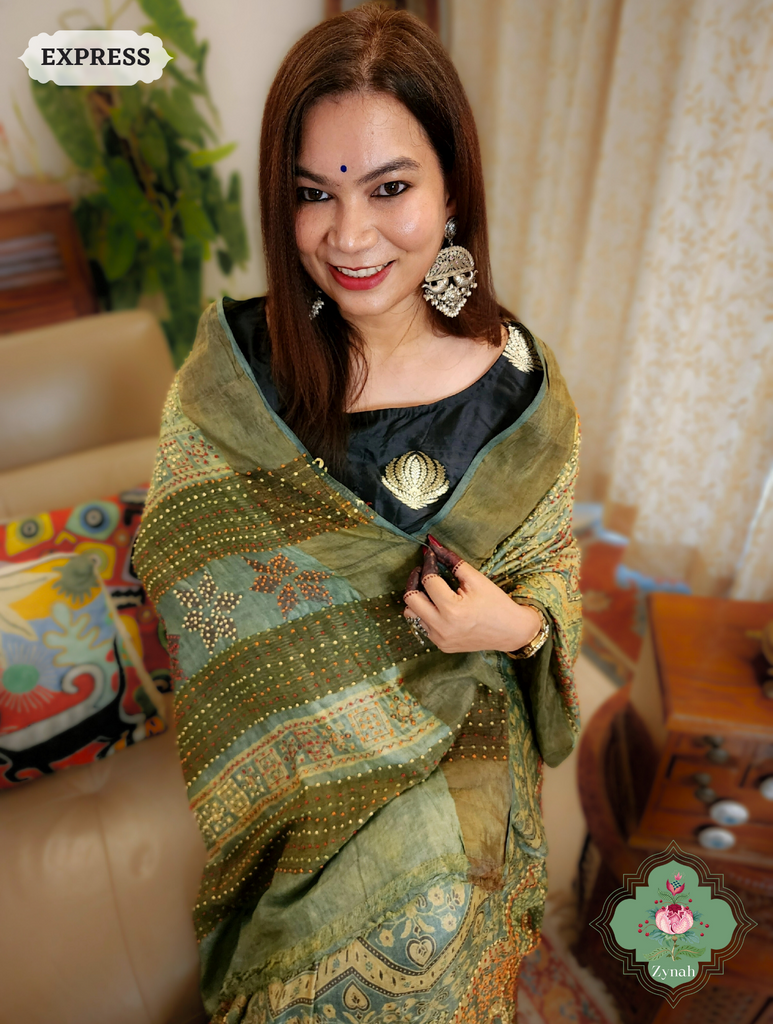 Green Ajrakh Pure Tussar Silk Saree, 100% Natural Dyed & Embroidery hightlights