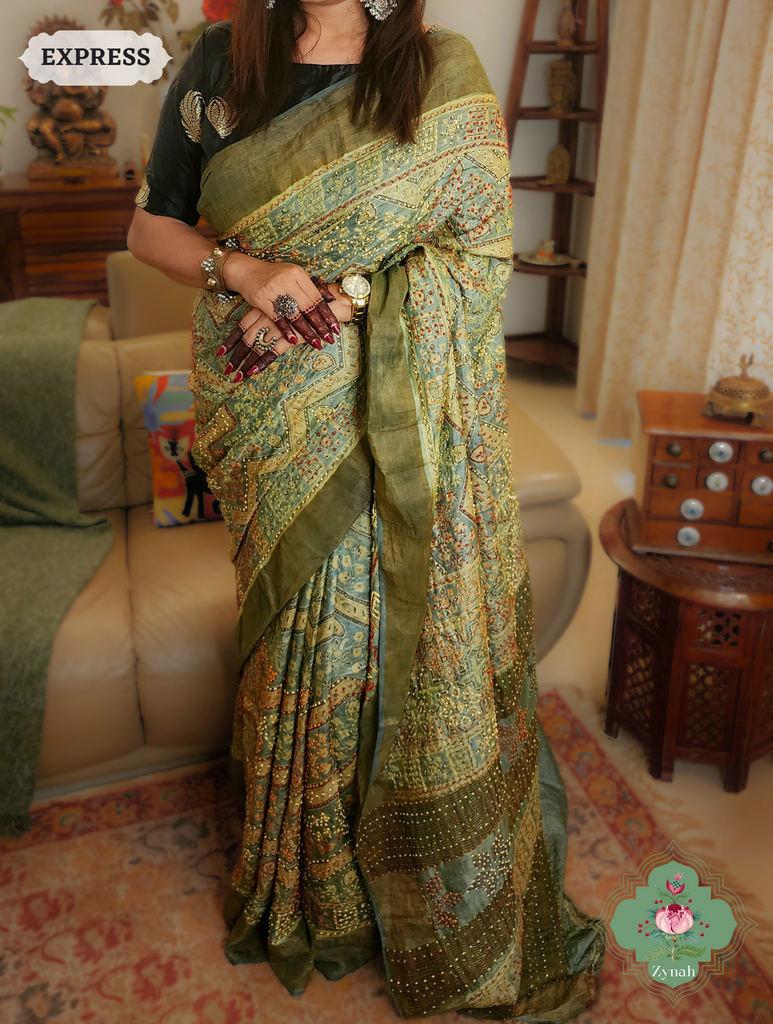 Green Ajrakh Pure Tussar Silk Saree, 100% Natural Dyed & Embroidery hightlights
