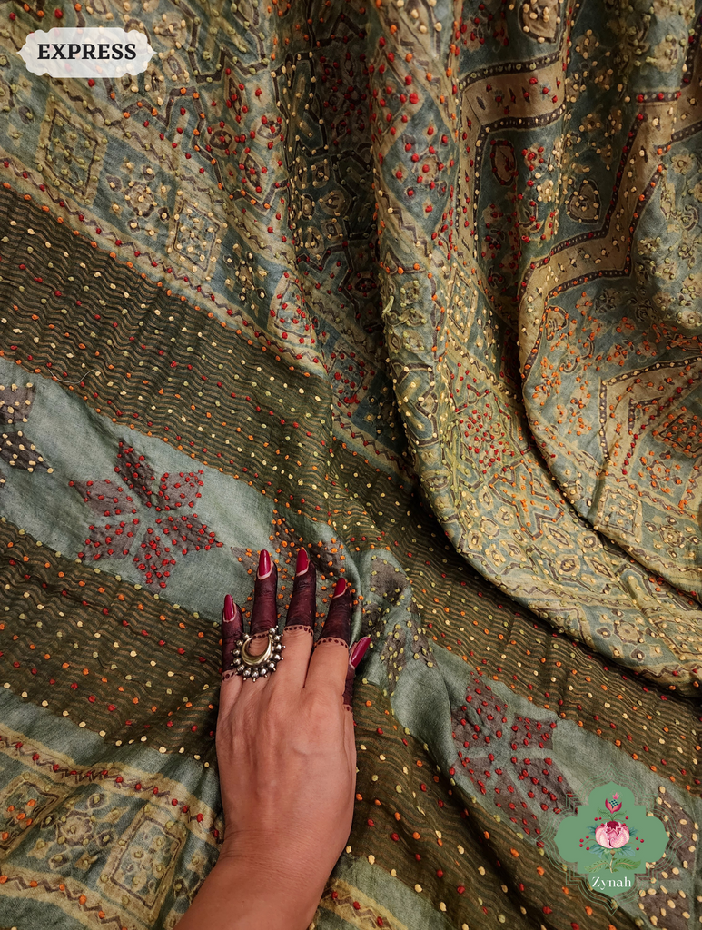 Green Ajrakh Pure Tussar Silk Saree, 100% Natural Dyed & Embroidery hightlights