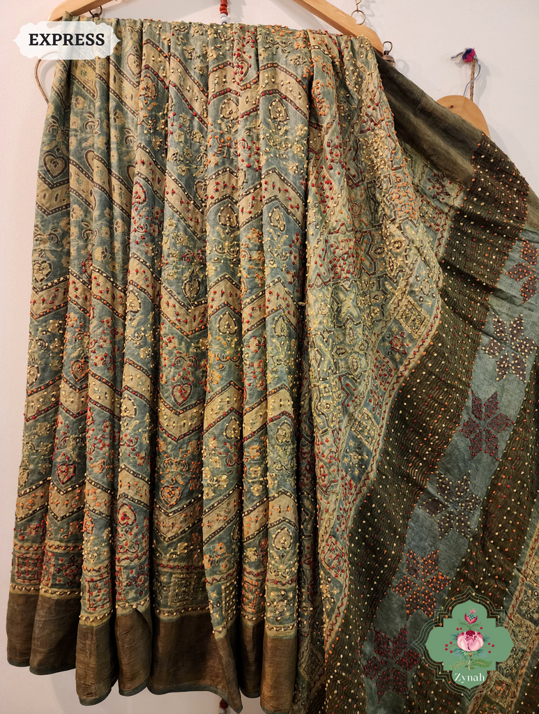 Green Ajrakh Pure Tussar Silk Saree, 100% Natural Dyed & Embroidery hightlights