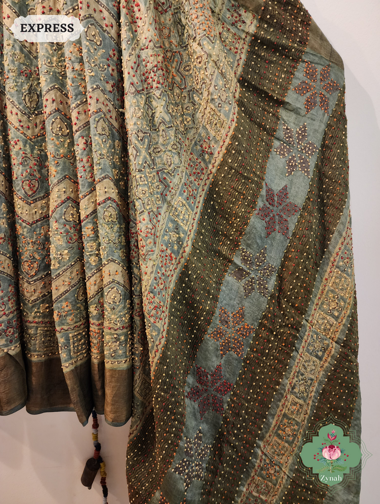 Green Ajrakh Pure Tussar Silk Saree, 100% Natural Dyed & Embroidery hightlights