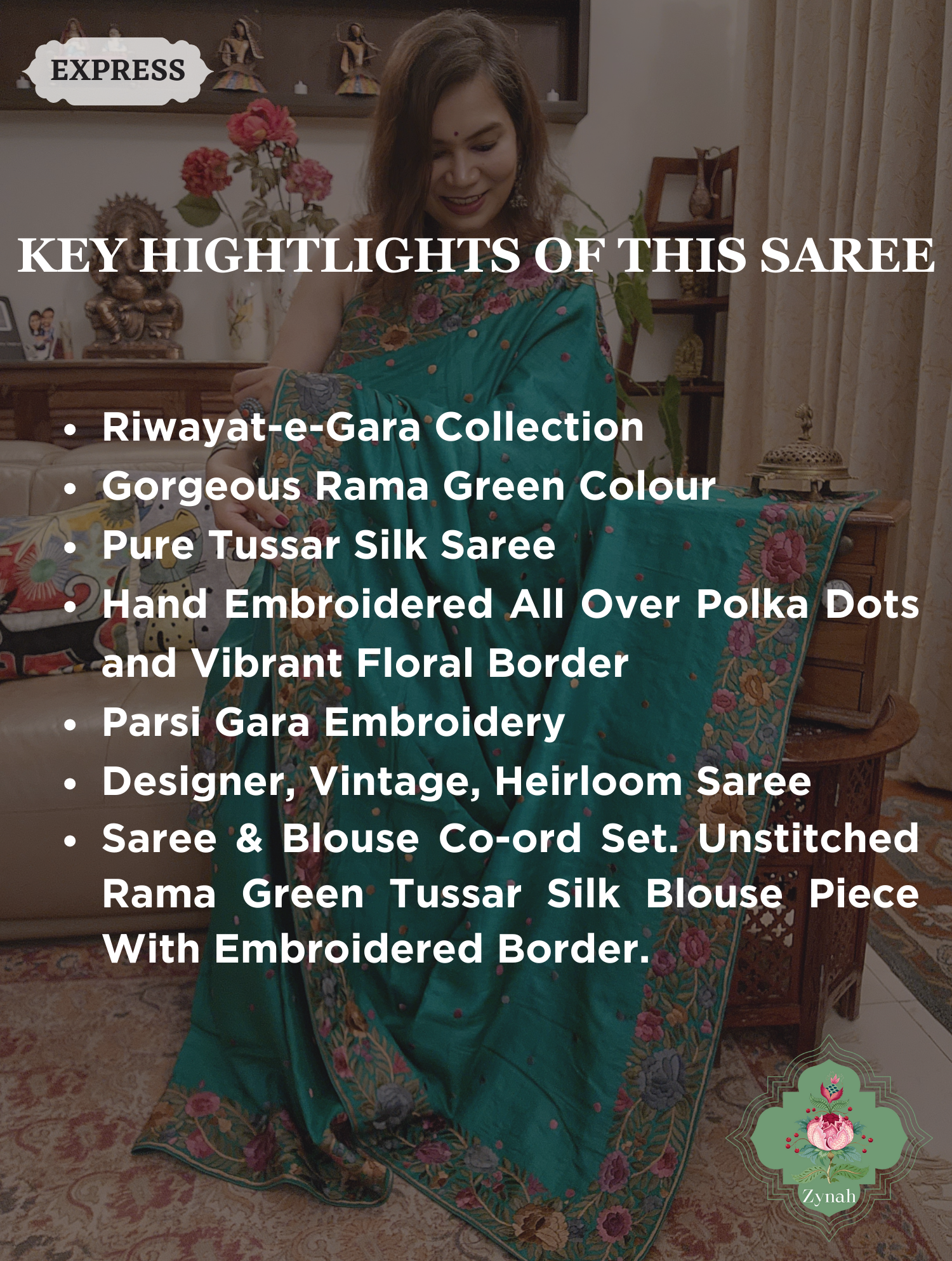 Rama Green Pure Tussar Silk Hand Embroidered Parsi Gara Saree 02 Rama Green Pure Tussar Silk Hand Embroidered Parsi Gara Saree 02