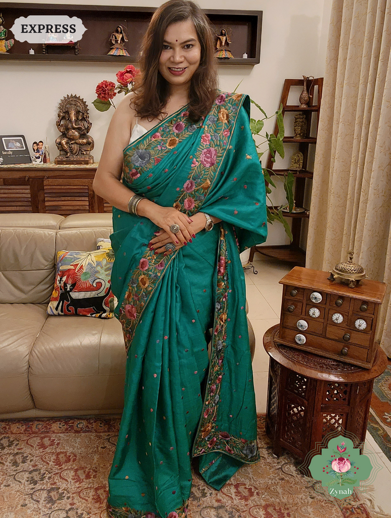 Rama Green Pure Tussar Silk Hand Embroidered Parsi Gara Saree 04