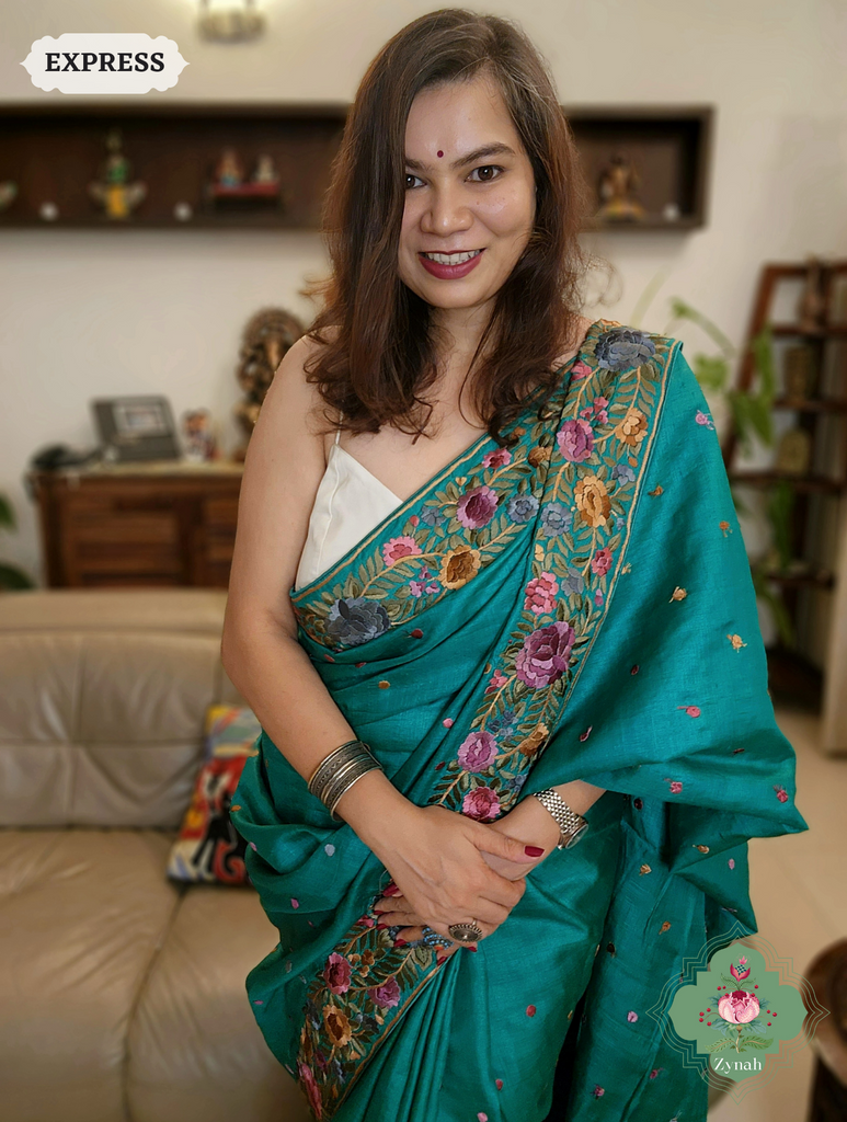 Rama Green Pure Tussar Silk Hand Embroidered Parsi Gara Saree 05