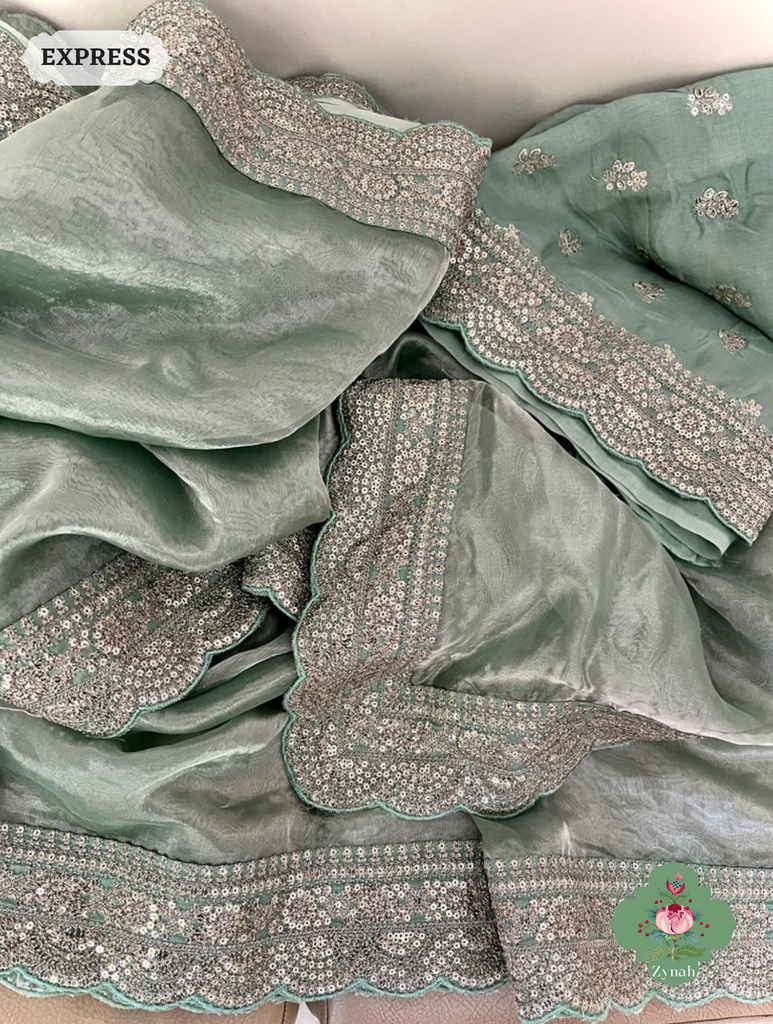 Zynah Green Pure Silver Tissue Saree With Sequins Embroidered Border; Custom Stitched/Ready-made Blouse, Fall, Petticoat; SKU: 0610202303
