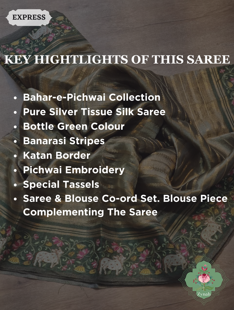 Zynah Bottle Green Tissue Silk Saree With Banarasi Stripes, Katan Pallu & Pichwai Embroidery; Custom Stitched/Ready-made Blouse, Fall, Petticoat; SKU: 0401202406