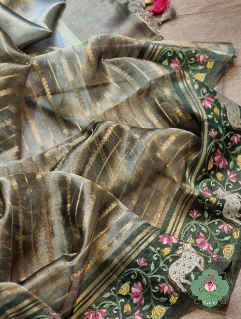 Bottle Green Pure Silver Tissue Silk Saree With Banarasi Stripes, Katan Pallu & Pichwai Embroidery 4