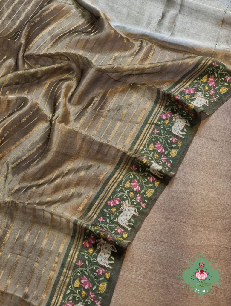 Bottle Green Pure Silver Tissue Silk Saree With Banarasi Stripes, Katan Pallu & Pichwai Embroidery 5