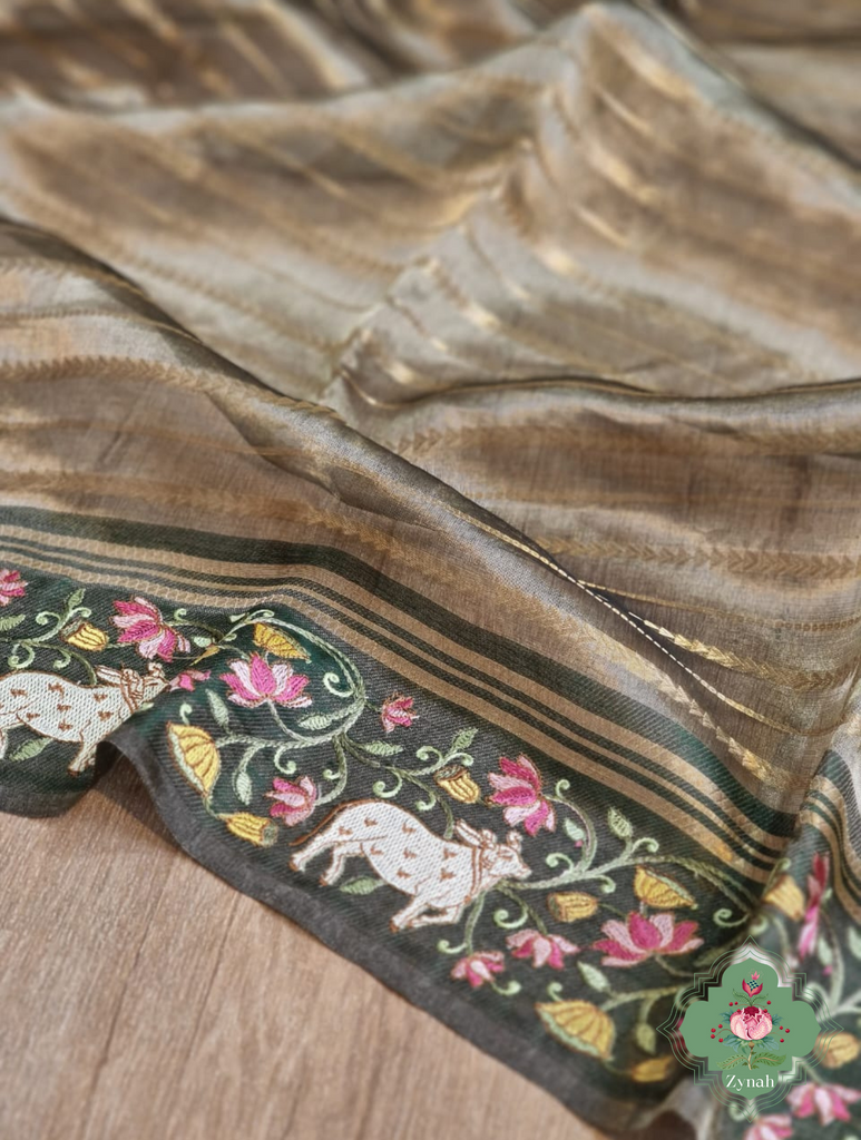 Bottle Green Pure Silver Tissue Silk Saree With Banarasi Stripes, Katan Pallu & Pichwai Embroidery 6