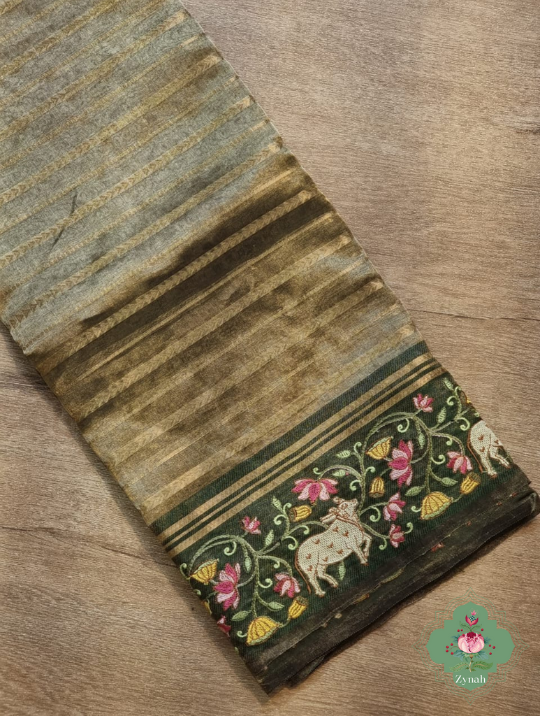 Bottle Green Pure Silver Tissue Silk Saree With Banarasi Stripes, Katan Pallu & Pichwai Embroidery 8