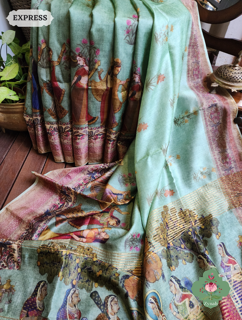 Zynah Pista Green Pure Tussar Silk Saree With Pichwai Print; Custom Stitched/Ready-made Blouse, Fall, Petticoat; SKU: 2306202302