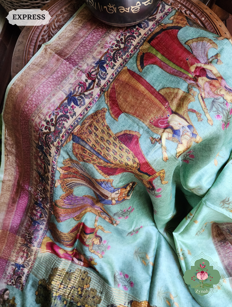 Zynah Pista Green Pure Tussar Silk Saree With Pichwai Print; Custom Stitched/Ready-made Blouse, Fall, Petticoat; SKU: 2306202302