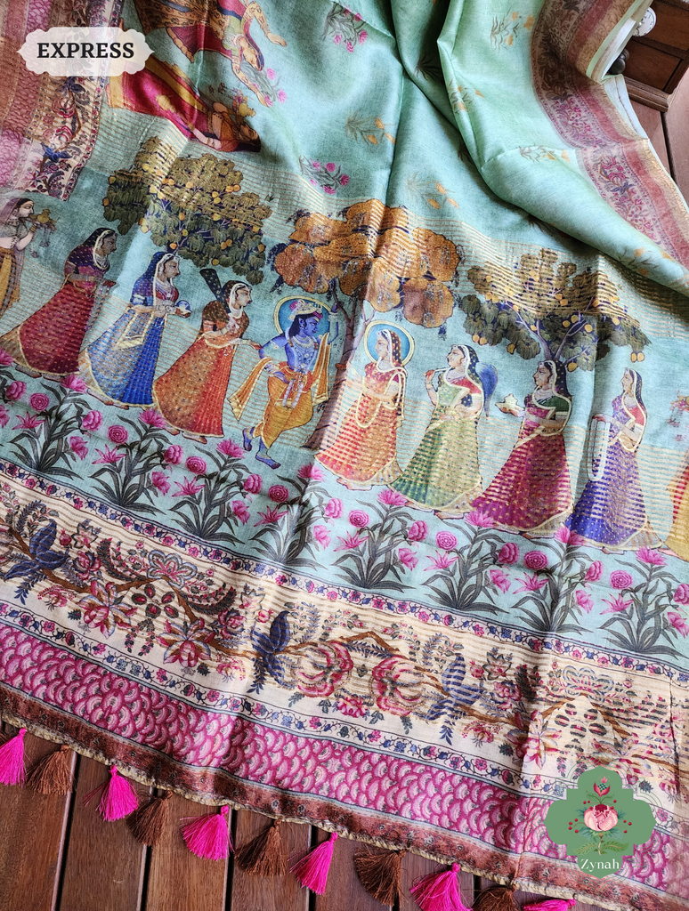 Zynah Pista Green Pure Tussar Silk Saree With Pichwai Print; Custom Stitched/Ready-made Blouse, Fall, Petticoat; SKU: 2306202302