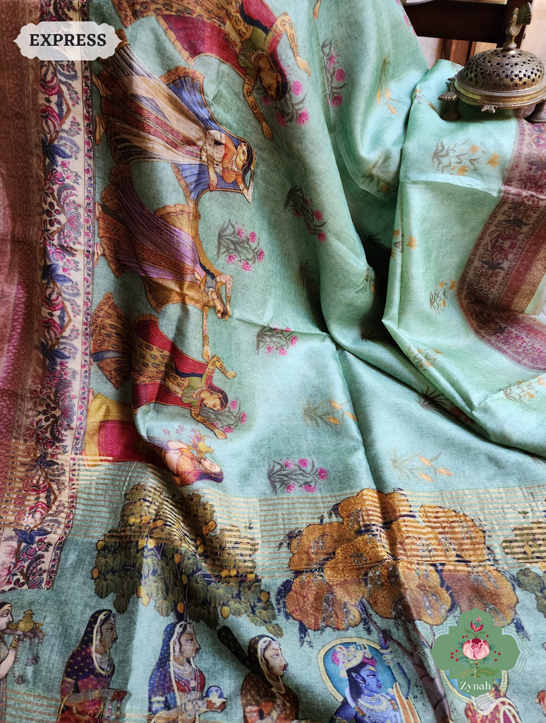 Zynah Pista Green Pure Tussar Silk Saree With Pichwai Print; Custom Stitched/Ready-made Blouse, Fall, Petticoat; SKU: 2306202302