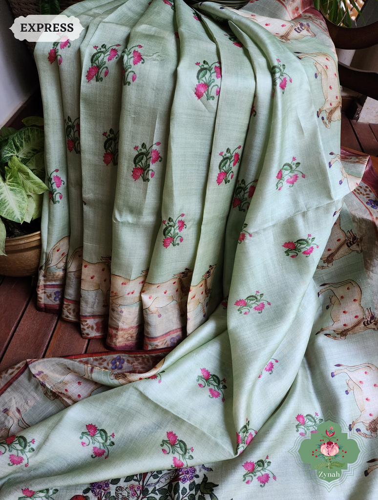 Zynah Pista Green Pure Tussar Silk Saree With Pichwai Print; Custom Stitched/Ready-made Blouse, Fall, Petticoat; SKU: 2306202301