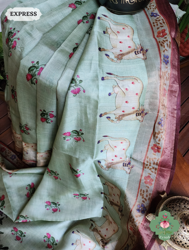 Zynah Pista Green Pure Tussar Silk Saree With Pichwai Print; Custom Stitched/Ready-made Blouse, Fall, Petticoat; SKU: 2306202301