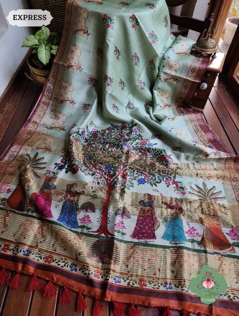 Zynah Pista Green Pure Tussar Silk Saree With Pichwai Print; Custom Stitched/Ready-made Blouse, Fall, Petticoat; SKU: 2306202301