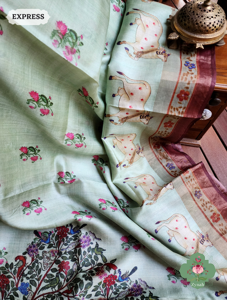 Zynah Pista Green Pure Tussar Silk Saree With Pichwai Print; Custom Stitched/Ready-made Blouse, Fall, Petticoat; SKU: 2306202301
