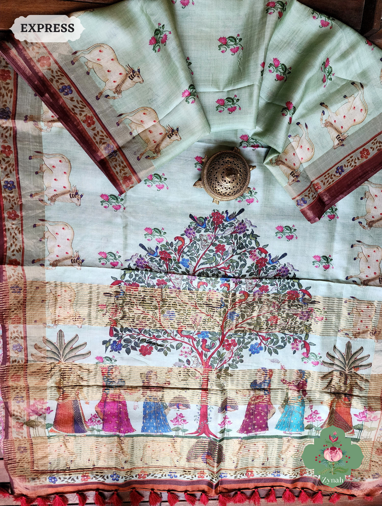 Zynah Pista Green Pure Tussar Silk Saree With Pichwai Print; Custom Stitched/Ready-made Blouse, Fall, Petticoat; SKU: 2306202301