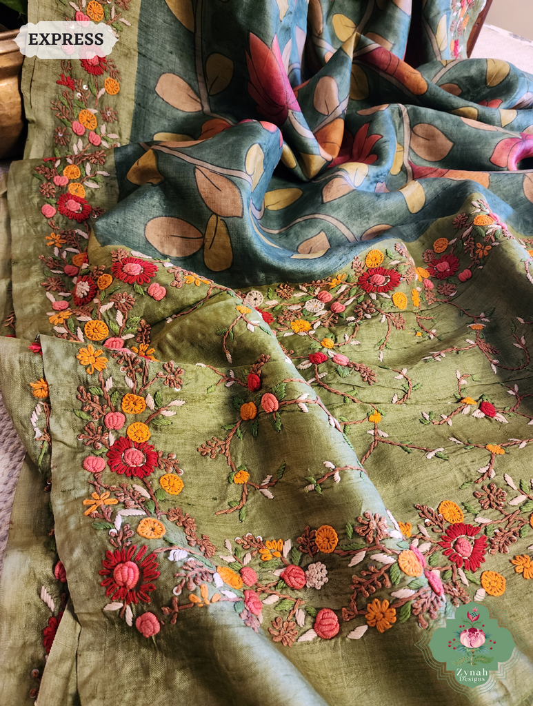 Zynah Green Tussar Silk Hand Painted Kalamkari Saree With French Knot Hand Embroidery; Custom Stitched/Ready-made Blouse, Fall, Petticoat; SKU: 1007202502