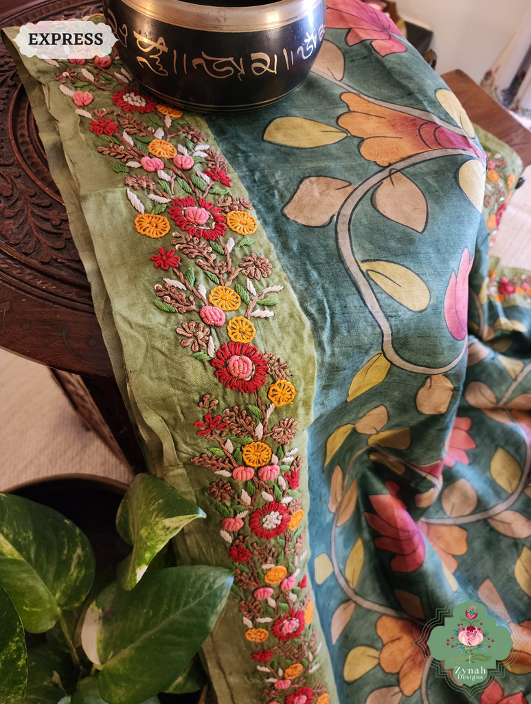 Zynah Green Tussar Silk Hand Painted Kalamkari Saree With French Knot Hand Embroidery; Custom Stitched/Ready-made Blouse, Fall, Petticoat; SKU: 1007202502