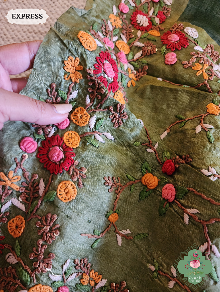 Zynah Green Tussar Silk Hand Painted Kalamkari Saree With French Knot Hand Embroidery; Custom Stitched/Ready-made Blouse, Fall, Petticoat; SKU: 1007202502