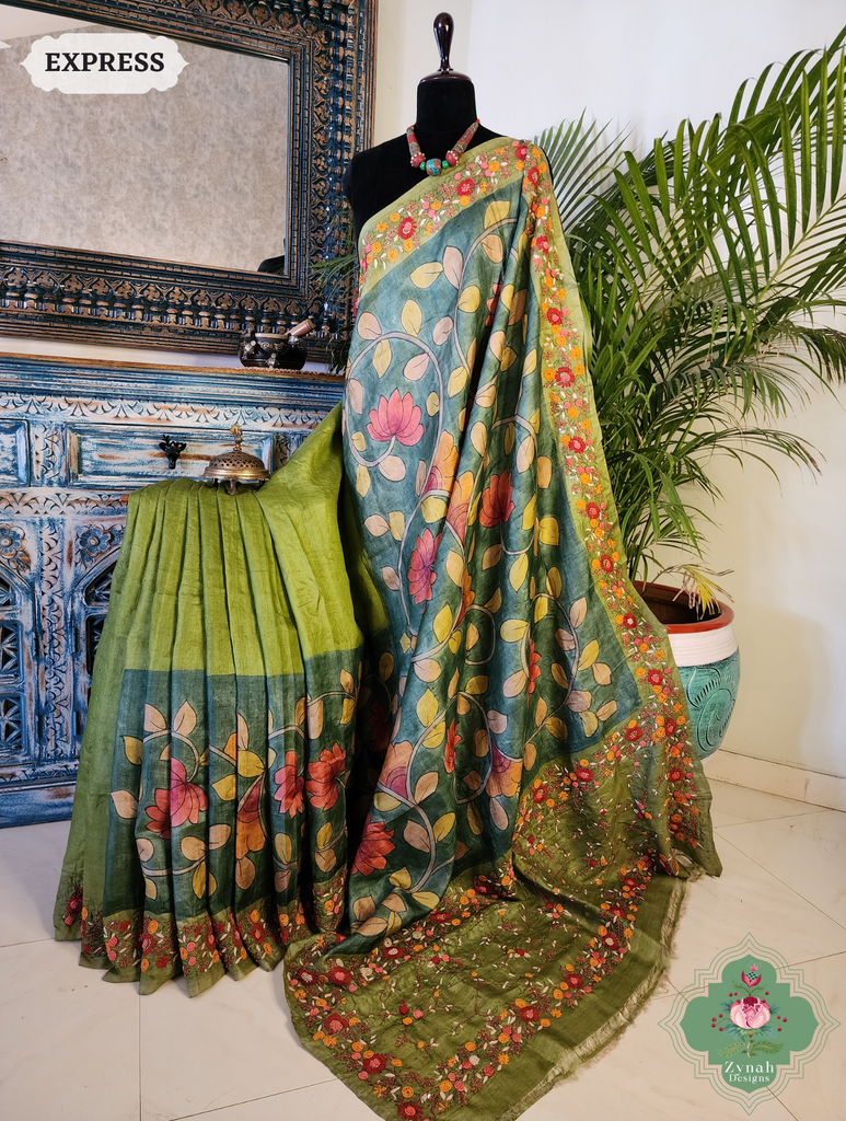 Zynah Green Tussar Silk Hand Painted Kalamkari Saree With French Knot Hand Embroidery; Custom Stitched/Ready-made Blouse, Fall, Petticoat; SKU: 1007202502