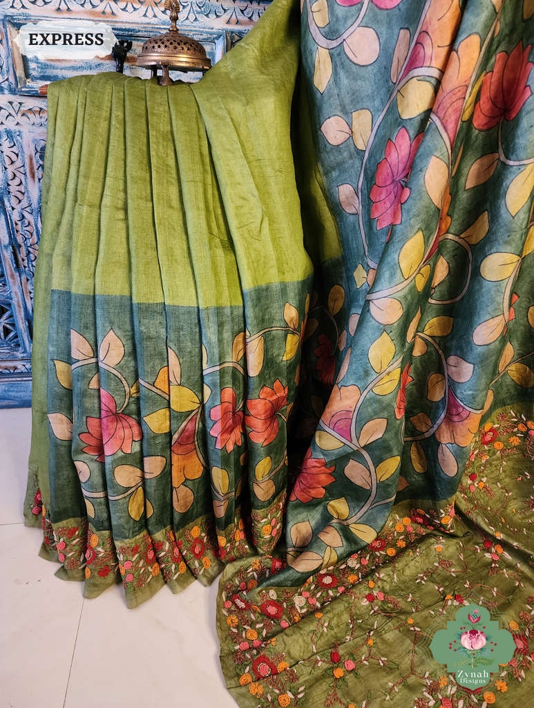 Zynah Green Tussar Silk Hand Painted Kalamkari Saree With French Knot Hand Embroidery; Custom Stitched/Ready-made Blouse, Fall, Petticoat; SKU: 1007202502