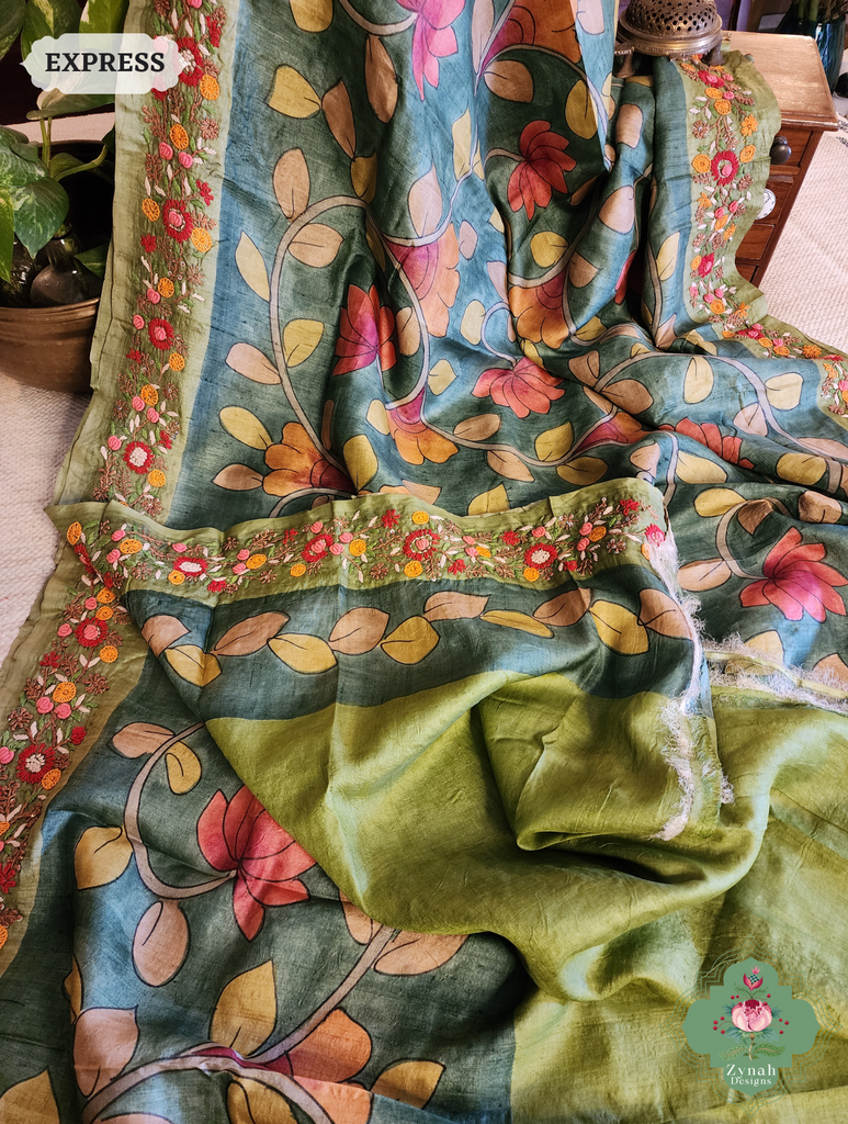 Zynah Green Tussar Silk Hand Painted Kalamkari Saree With French Knot Hand Embroidery; Custom Stitched/Ready-made Blouse, Fall, Petticoat; SKU: 1007202502