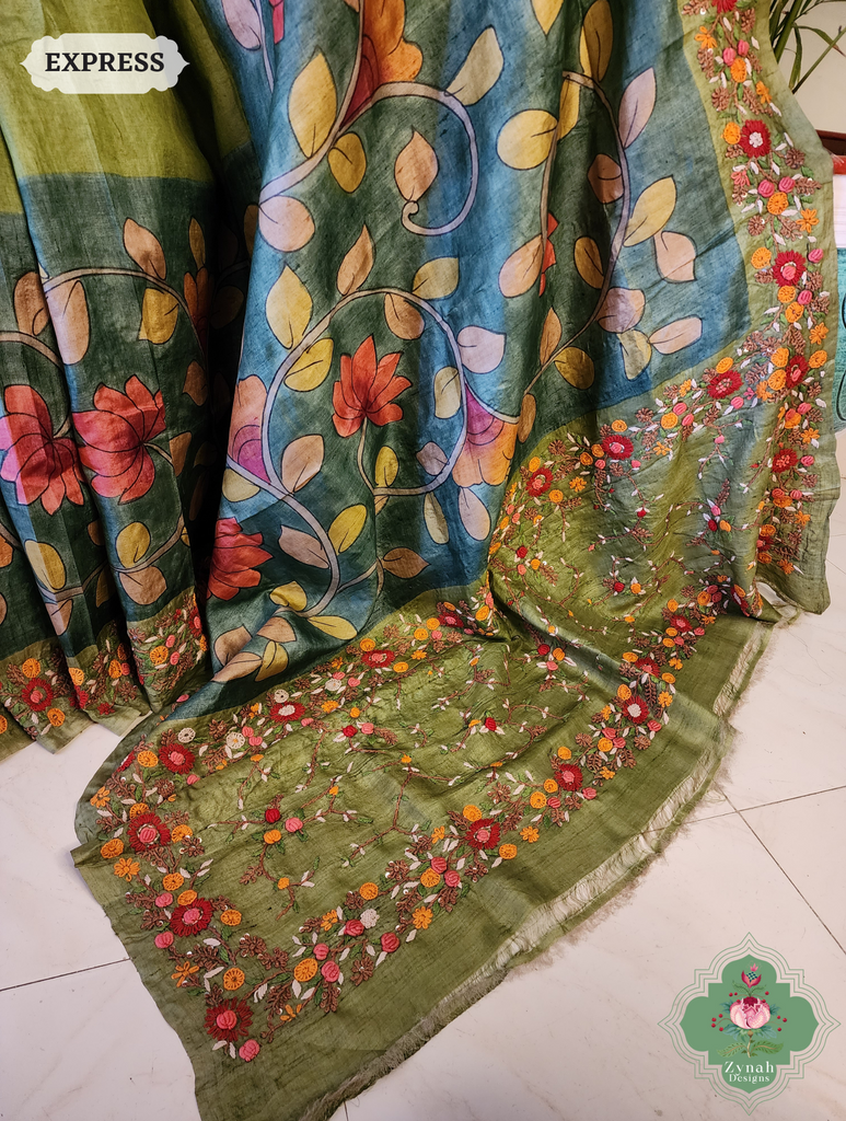 Zynah Green Tussar Silk Hand Painted Kalamkari Saree With French Knot Hand Embroidery; Custom Stitched/Ready-made Blouse, Fall, Petticoat; SKU: 1007202502