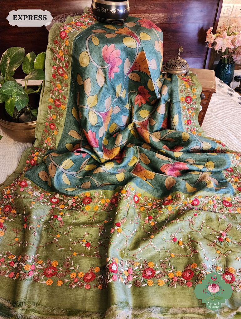 Zynah Green Tussar Silk Hand Painted Kalamkari Saree With French Knot Hand Embroidery; Custom Stitched/Ready-made Blouse, Fall, Petticoat; SKU: 1007202502