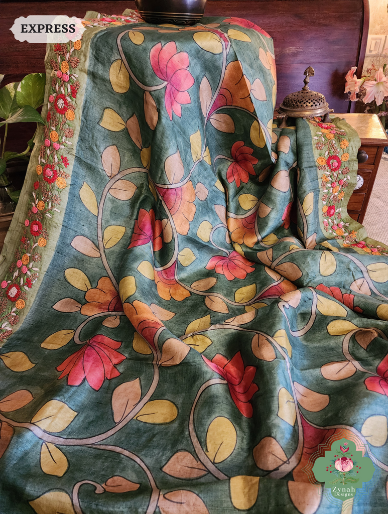 Zynah Green Tussar Silk Hand Painted Kalamkari Saree With French Knot Hand Embroidery; Custom Stitched/Ready-made Blouse, Fall, Petticoat; SKU: 1007202502