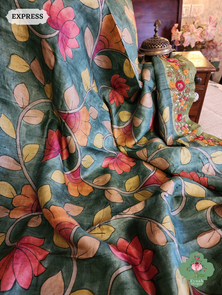 Zynah Green Tussar Silk Hand Painted Kalamkari Saree With French Knot Hand Embroidery; Custom Stitched/Ready-made Blouse, Fall, Petticoat; SKU: 1007202502