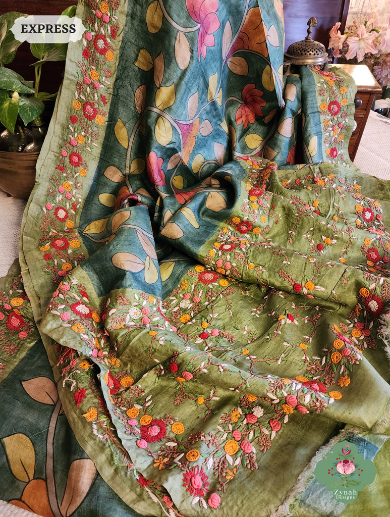 Zynah Green Tussar Silk Hand Painted Kalamkari Saree With French Knot Hand Embroidery; Custom Stitched/Ready-made Blouse, Fall, Petticoat; SKU: 1007202502