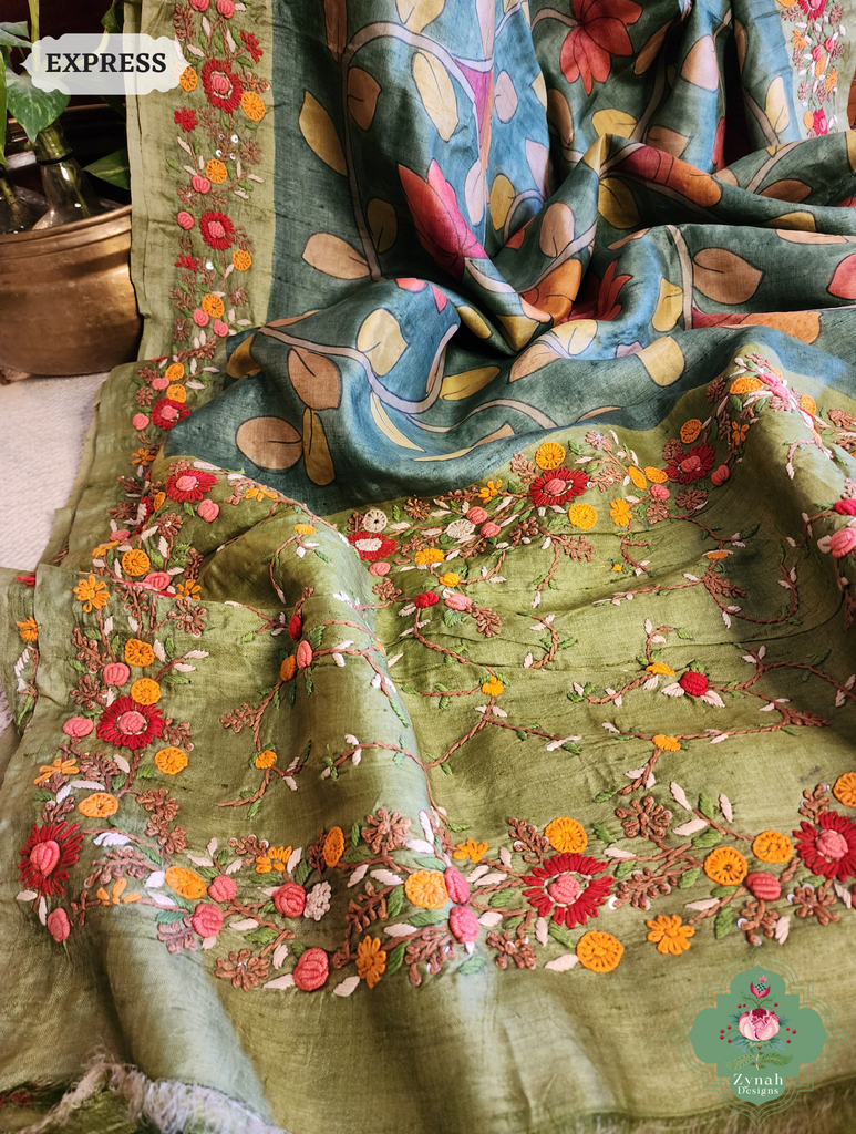 Zynah Green Tussar Silk Hand Painted Kalamkari Saree With French Knot Hand Embroidery; Custom Stitched/Ready-made Blouse, Fall, Petticoat; SKU: 1007202502
