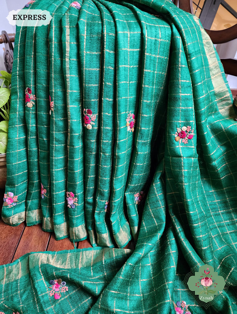 Zynah Green / Gold Self Checkered Pure Tussar Silk Saree With Frenchknot Hand Embroidery; Custom Stitched/Ready-made Blouse, Fall, Petticoat; SKU: 2908202301