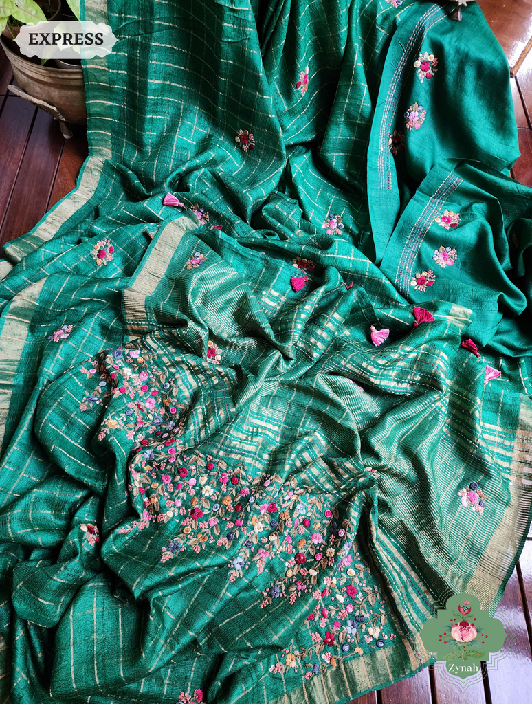 Zynah Green / Gold Self Checkered Pure Tussar Silk Saree With Frenchknot Hand Embroidery; Custom Stitched/Ready-made Blouse, Fall, Petticoat; SKU: 2908202301