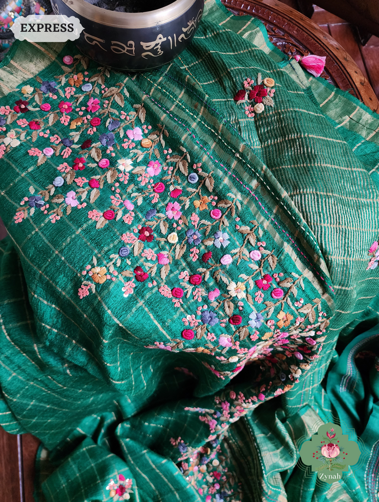 Zynah Green / Gold Self Checkered Pure Tussar Silk Saree With Frenchknot Hand Embroidery; Custom Stitched/Ready-made Blouse, Fall, Petticoat; SKU: 2908202301