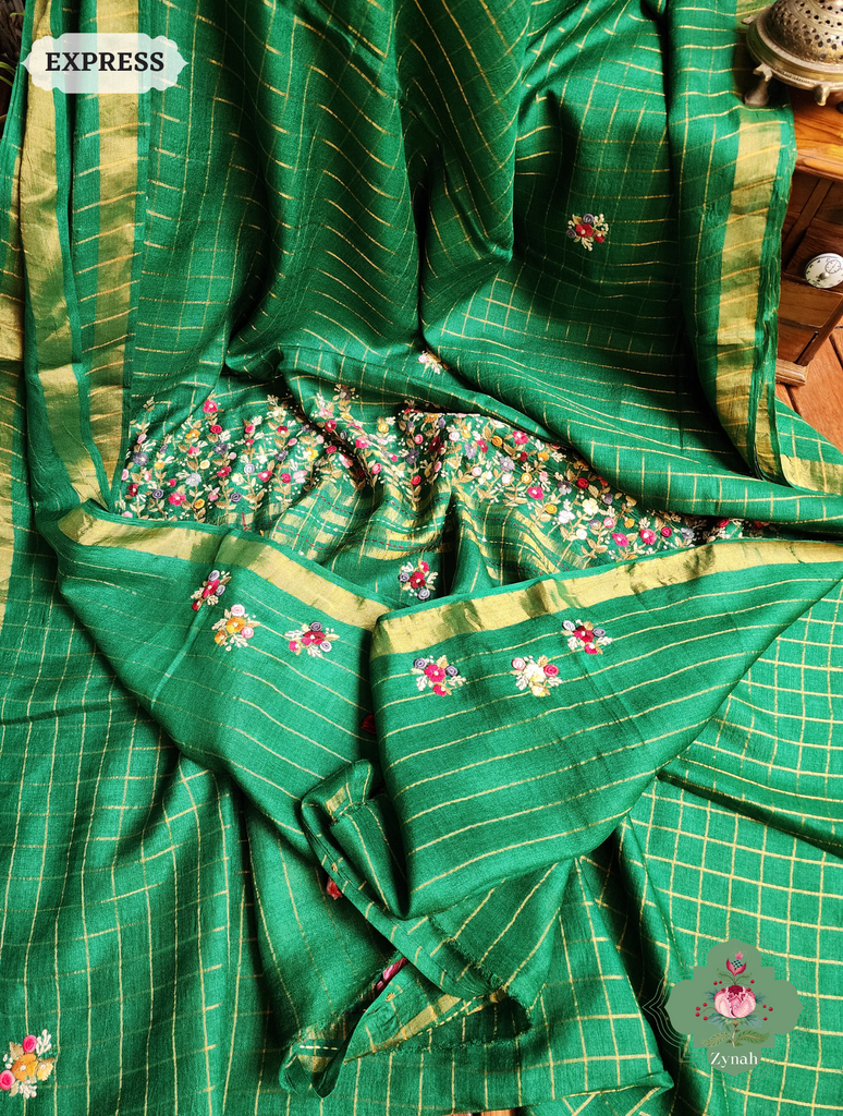 Zynah Green / Gold Self Checkered Pure Tussar Silk Saree With Frenchknot Hand Embroidery; Custom Stitched/Ready-made Blouse, Fall, Petticoat; SKU: 2908202301
