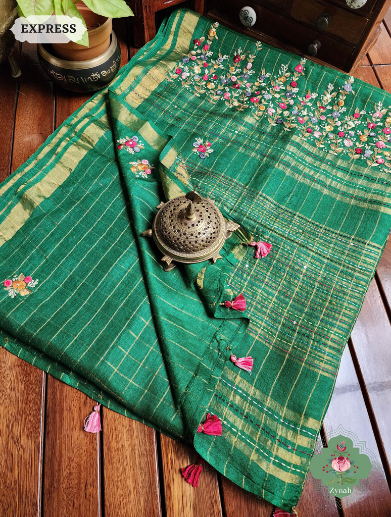 Zynah Green / Gold Self Checkered Pure Tussar Silk Saree With Frenchknot Hand Embroidery; Custom Stitched/Ready-made Blouse, Fall, Petticoat; SKU: 2908202301