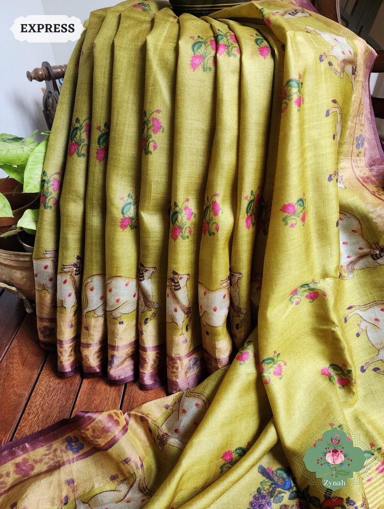 Zynah Mehendi Green Pure Tussar Silk Saree With Pichwai Print; Custom Stitched/Ready-made Blouse, Fall, Petticoat; SKU: 1908202301