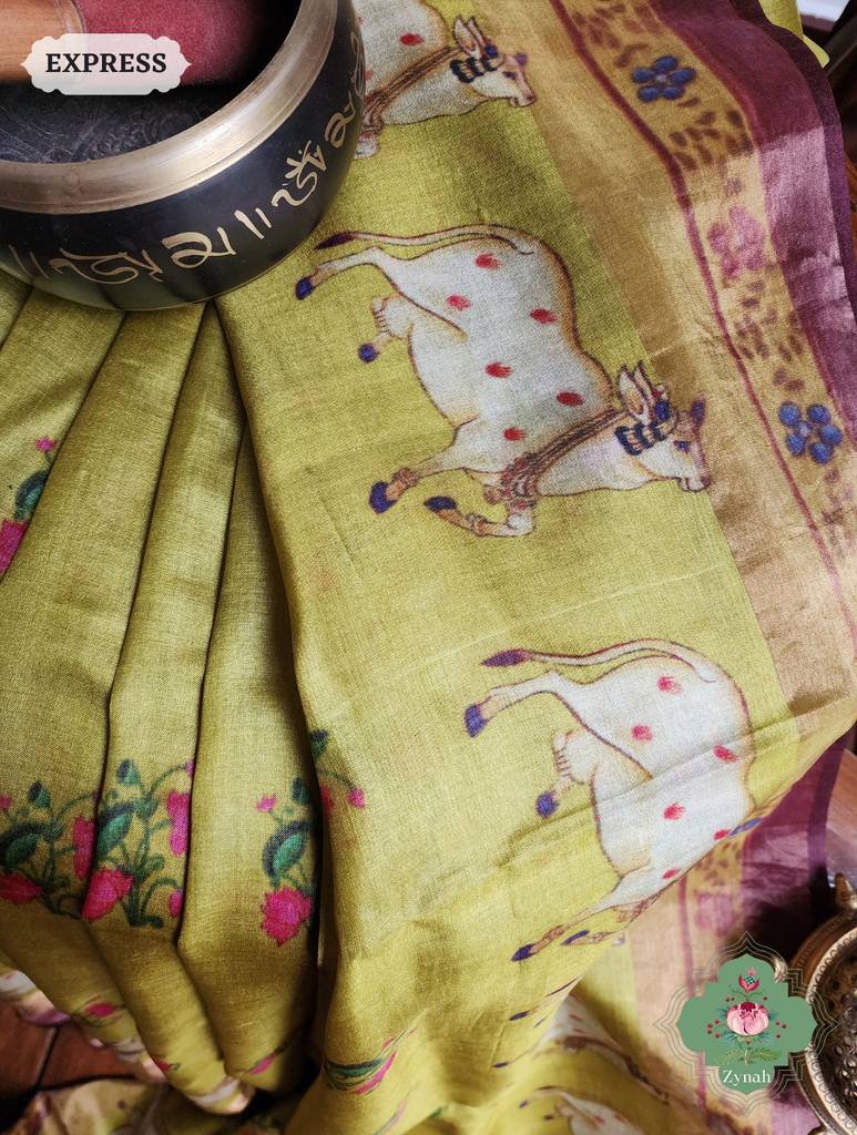 Zynah Mehendi Green Pure Tussar Silk Saree With Pichwai Print; Custom Stitched/Ready-made Blouse, Fall, Petticoat; SKU: 1908202301